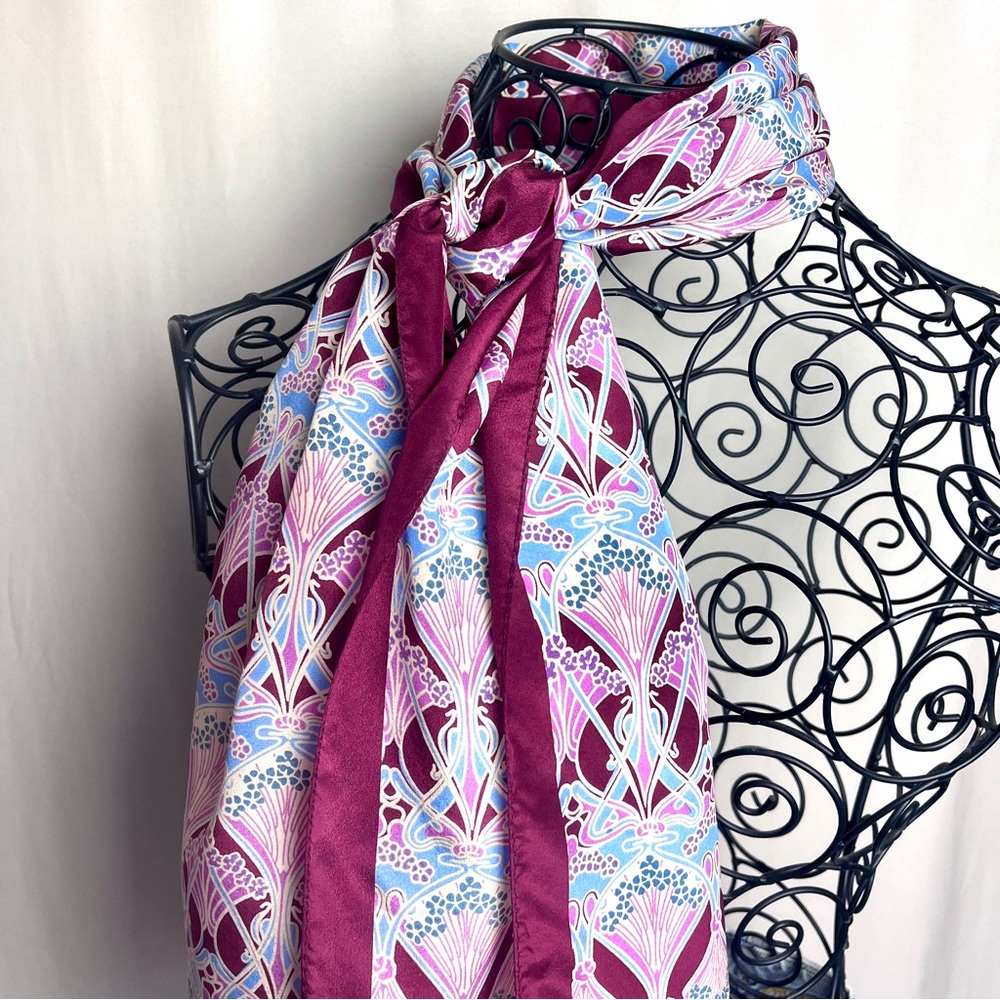 100% Silk Art Nouveau Scarf Liberty Print Style Rectangle Burgundy, Lilac & Blue